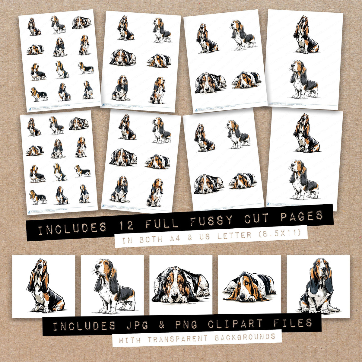 Full collection view of Basset Hound Watercolour Dog fussy cut sheets with bonus clipart JPG and PNG files