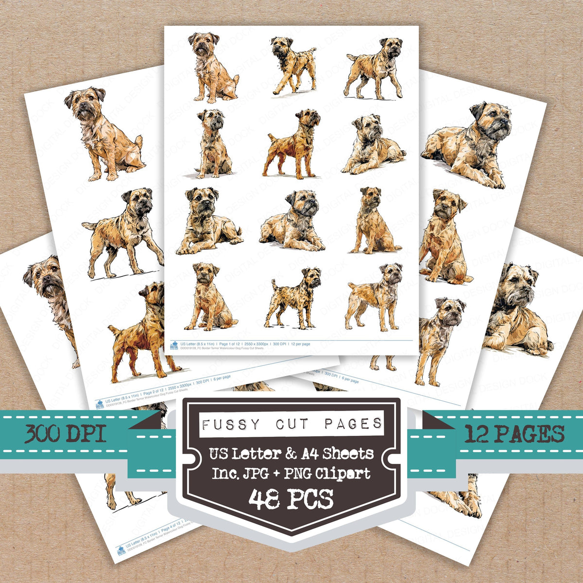 Border Terrier Watercolour Dog fussy cut printable sheets for junk journaling, scrapbooking, and paper craft projects