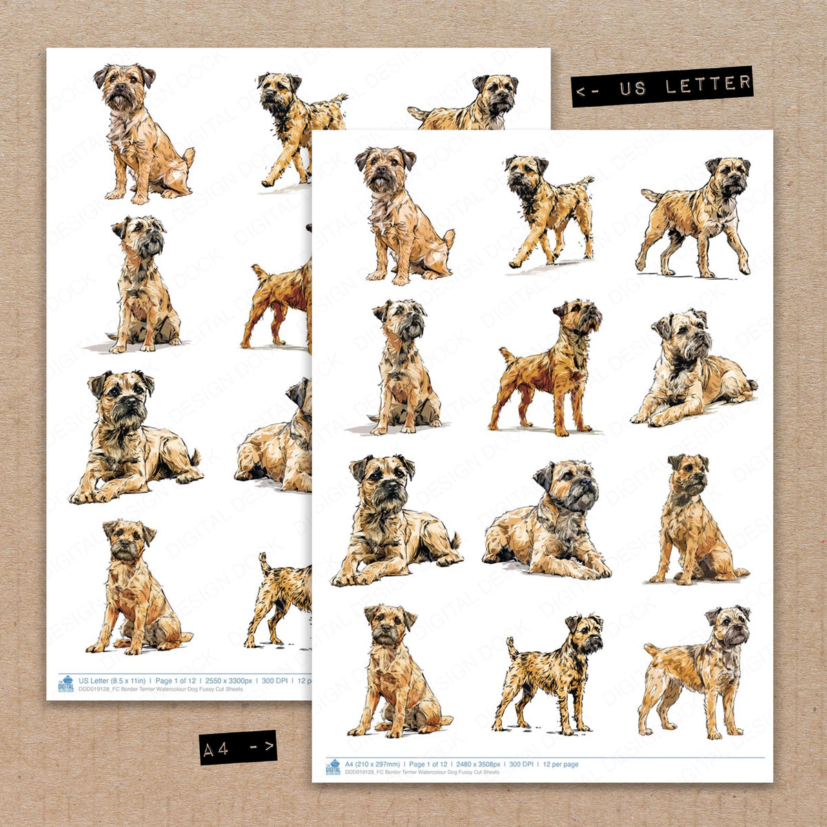 A4 and US Letter format comparison showing Border Terrier Watercolour Dog fussy cut pages for print and cut crafting