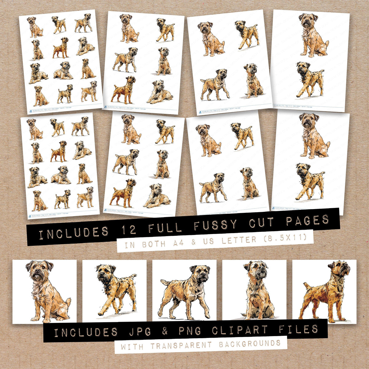 Full collection view of Border Terrier Watercolour Dog fussy cut sheets with bonus clipart JPG and PNG files