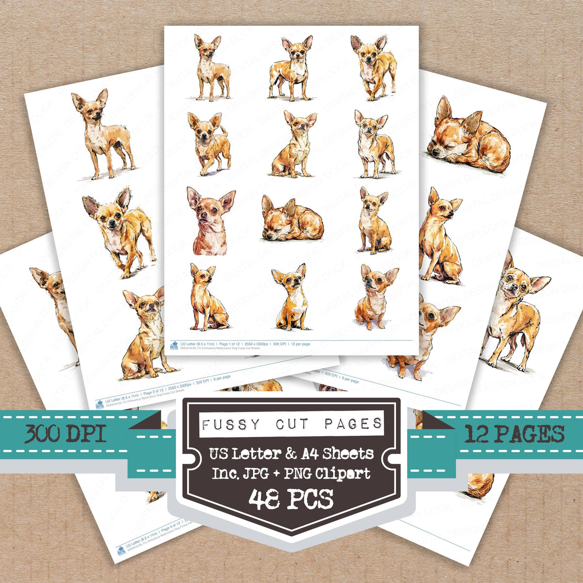 Chihuahua Watercolour Dog fussy cut printable sheets for junk journaling, scrapbooking, and paper craft projects