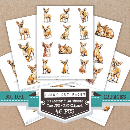 Chihuahua Watercolour Dog fussy cut printable sheets for junk journaling, scrapbooking, and paper craft projects