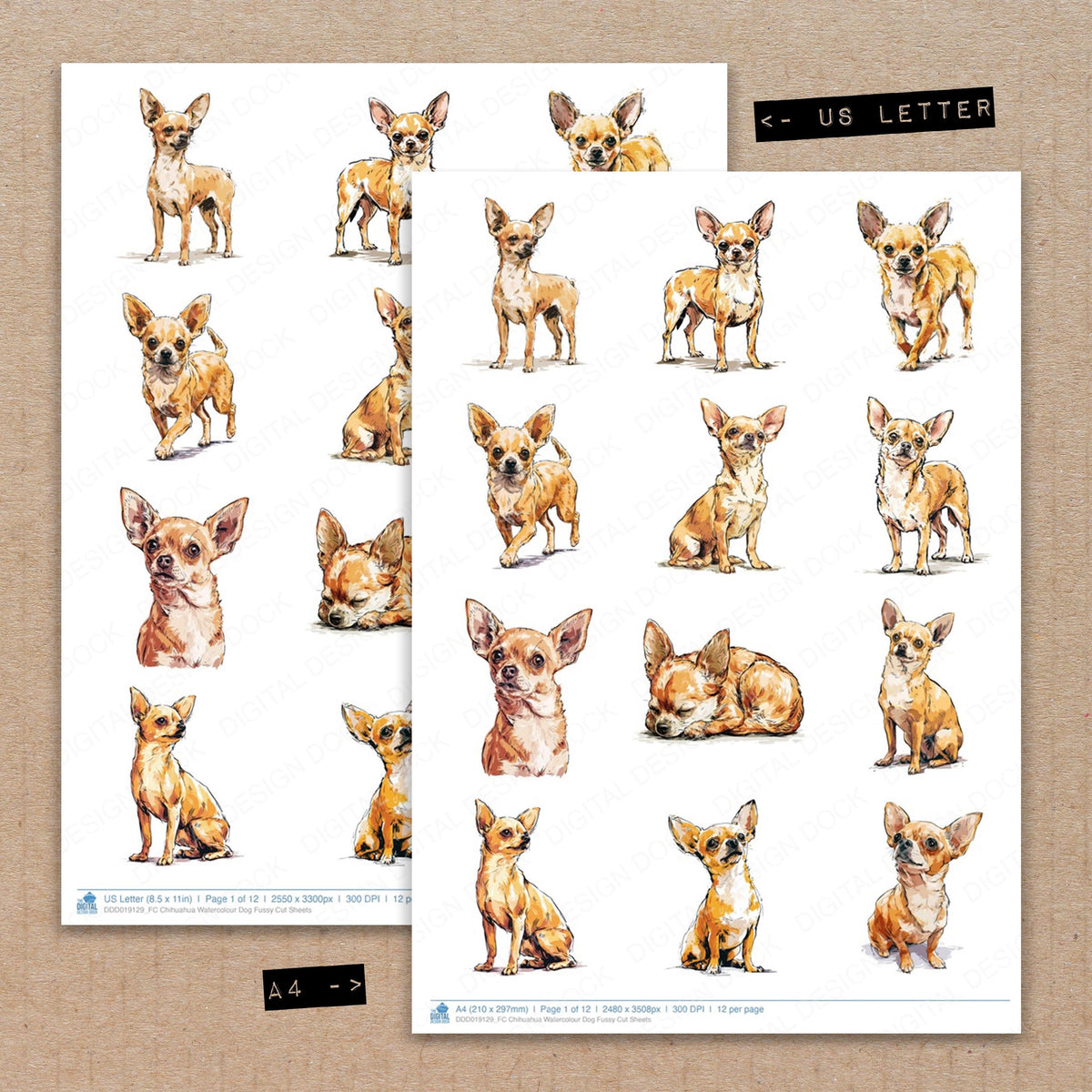 A4 and US Letter format comparison showing Chihuahua Watercolour Dog fussy cut pages for print and cut crafting