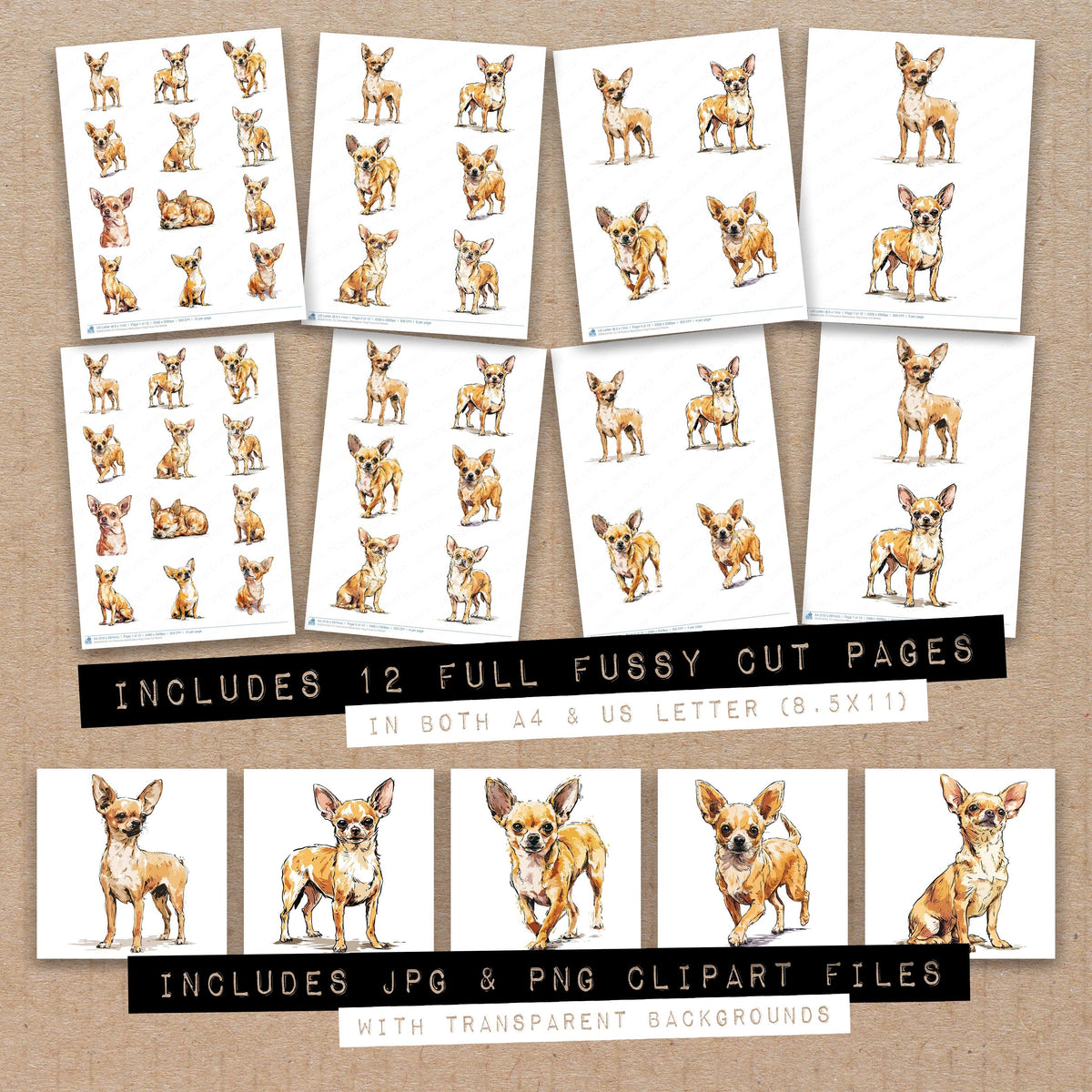 Full collection view of Chihuahua Watercolour Dog fussy cut sheets with bonus clipart JPG and PNG files