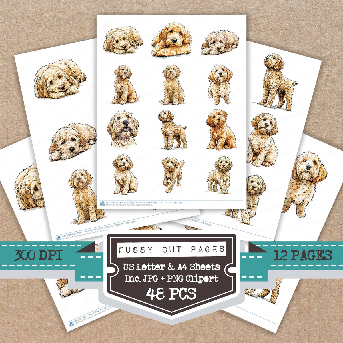 Cockapoo Watercolour Dog fussy cut printable sheets for junk journaling, scrapbooking, and paper craft projects