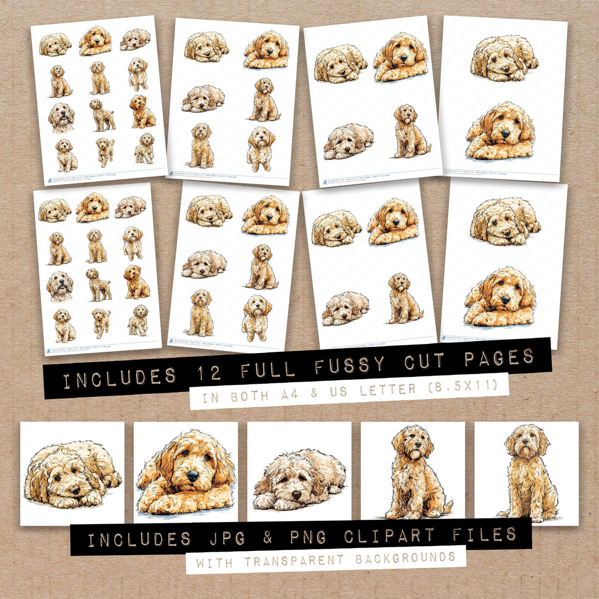 Full collection view of Cockapoo Watercolour Dog fussy cut sheets with bonus clipart JPG and PNG files