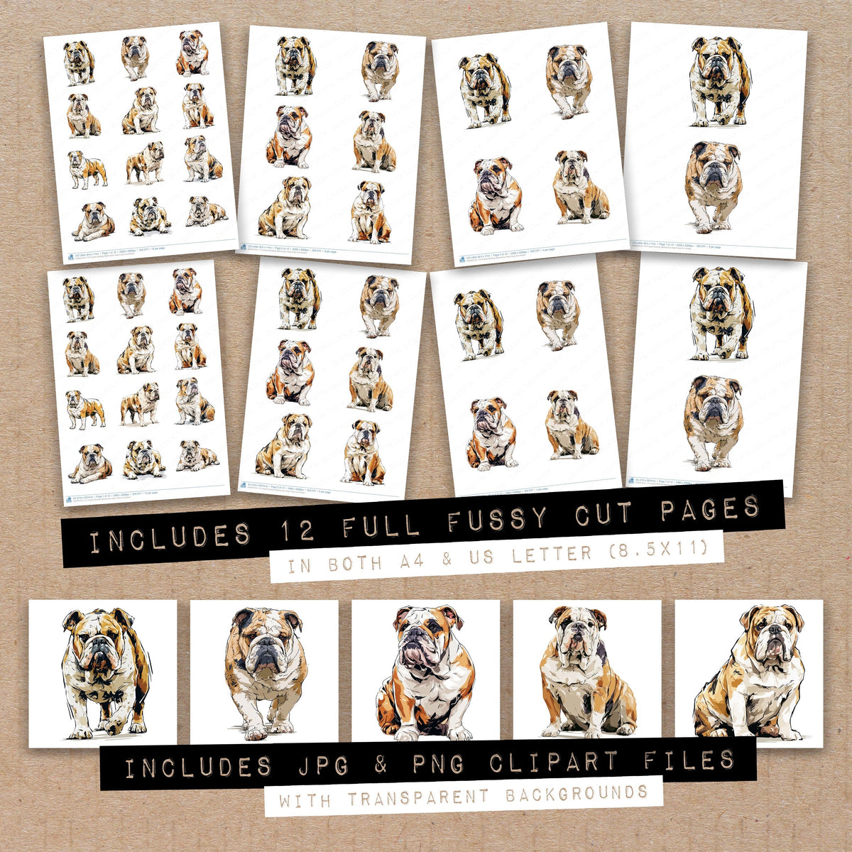 Full collection view of English Bulldog Watercolour Dog fussy cut sheets with bonus clipart JPG and PNG files