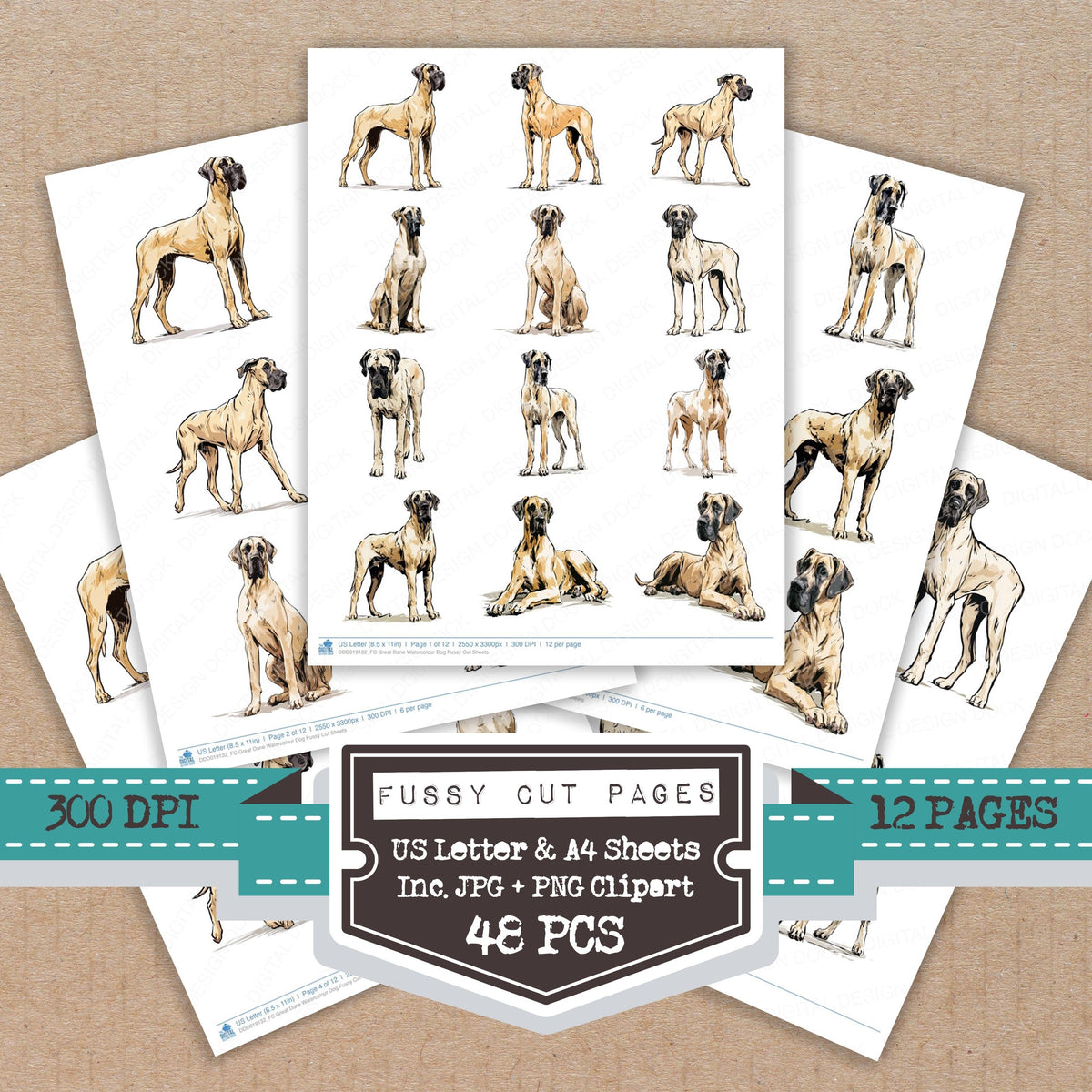 Great Dane Watercolour Dog fussy cut printable sheets for junk journaling, scrapbooking, and paper craft projects