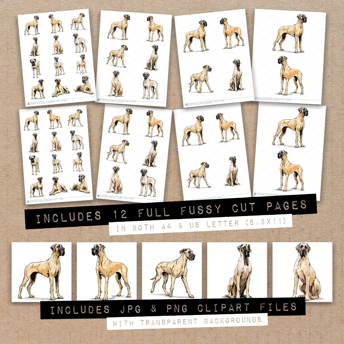 Full collection view of Great Dane Watercolour Dog fussy cut sheets with bonus clipart JPG and PNG files