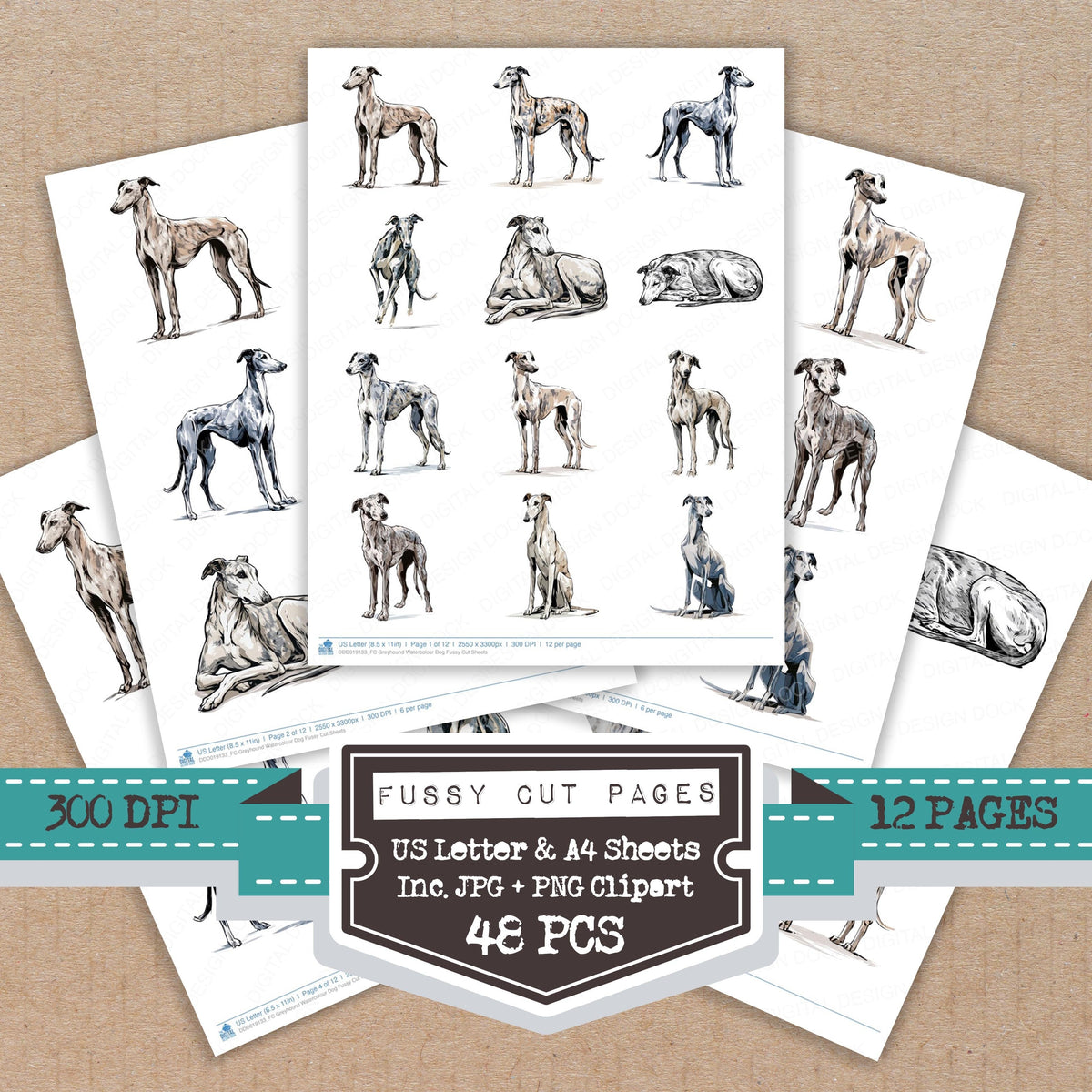 Greyhound Watercolour Dog fussy cut printable sheets for junk journaling, scrapbooking, and paper craft projects