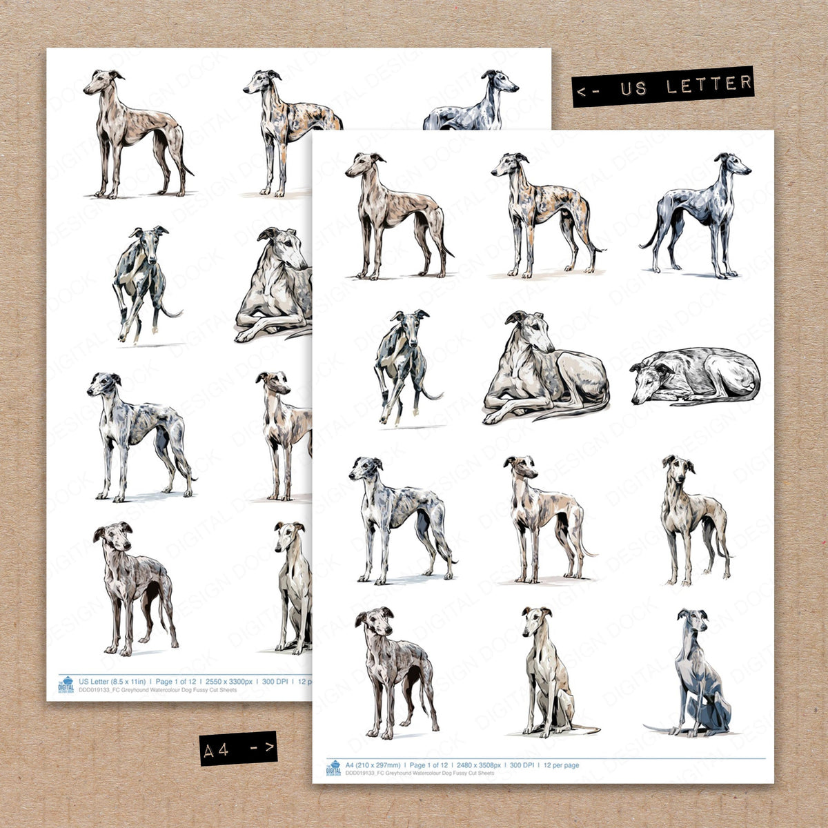 A4 and US Letter format comparison showing Greyhound Watercolour Dog fussy cut pages for print and cut crafting