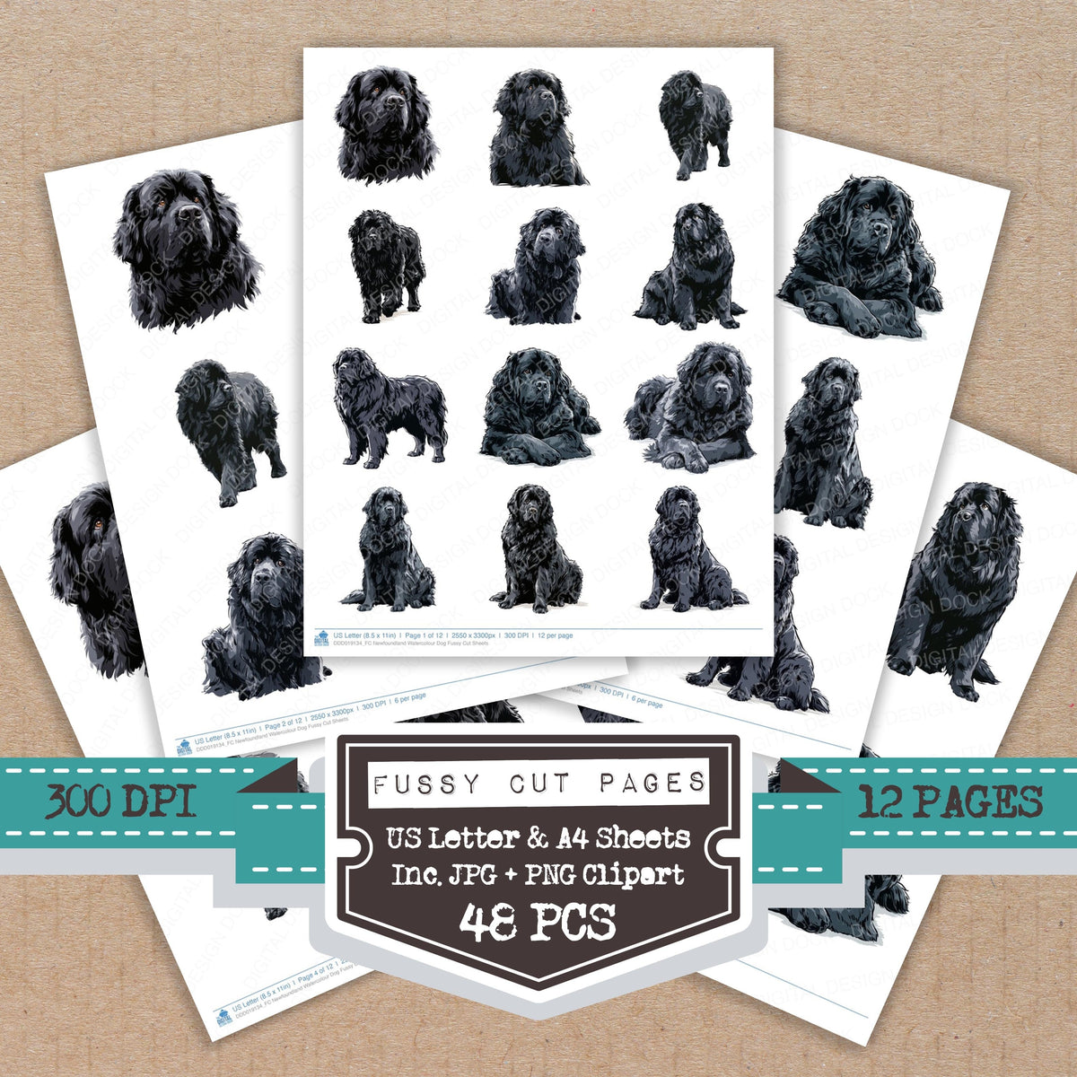 Newfoundland Watercolour Dog fussy cut printable sheets for junk journaling, scrapbooking, and paper craft projects