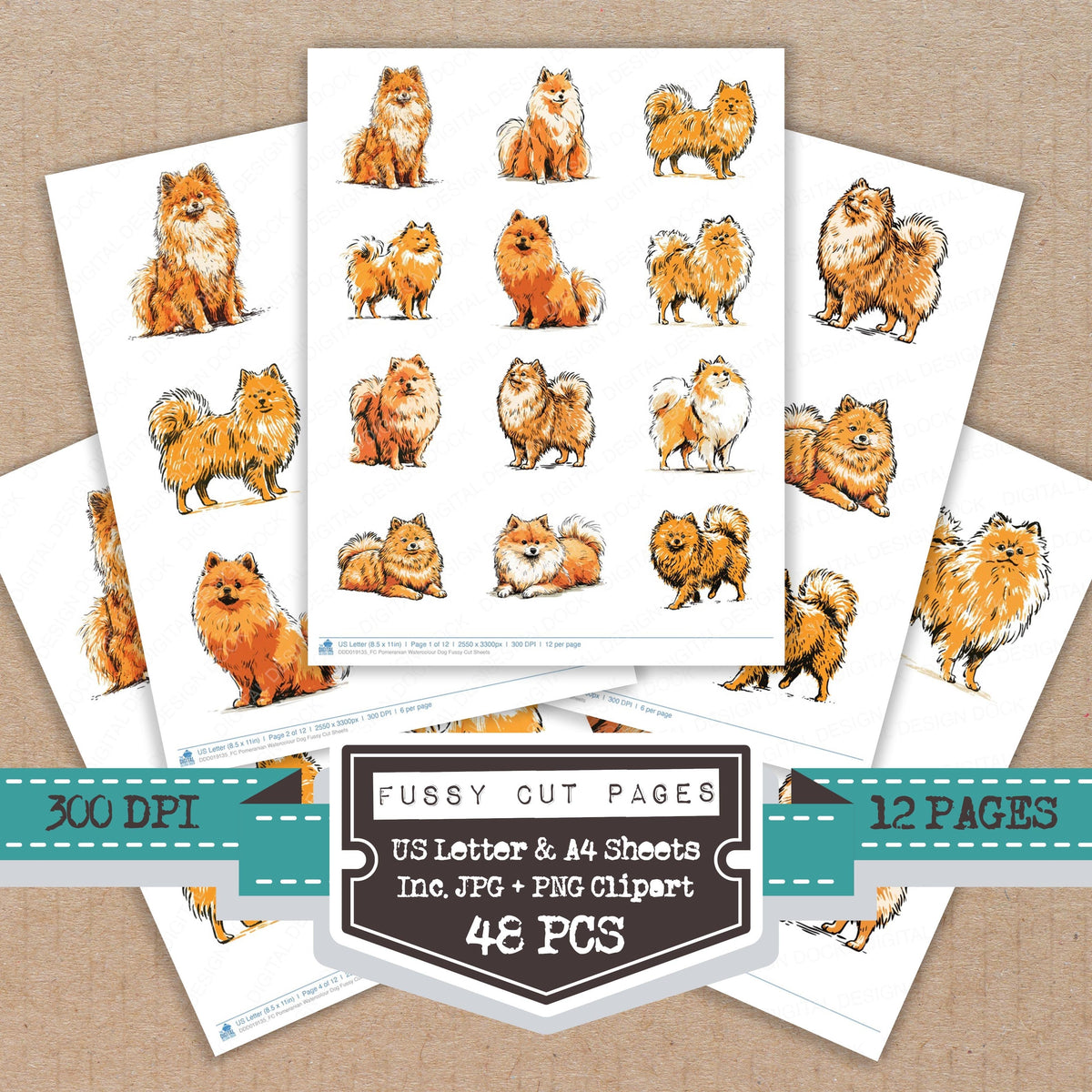 Pomeranian Watercolour Dog fussy cut printable sheets for junk journaling, scrapbooking, and paper craft projects