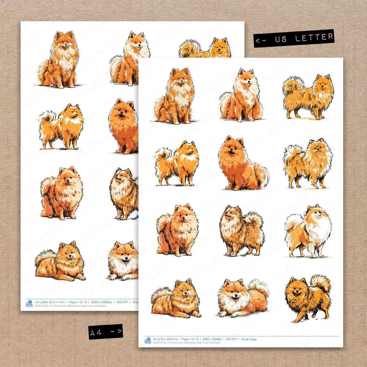 A4 and US Letter format comparison showing Pomeranian Watercolour Dog fussy cut pages for print and cut crafting