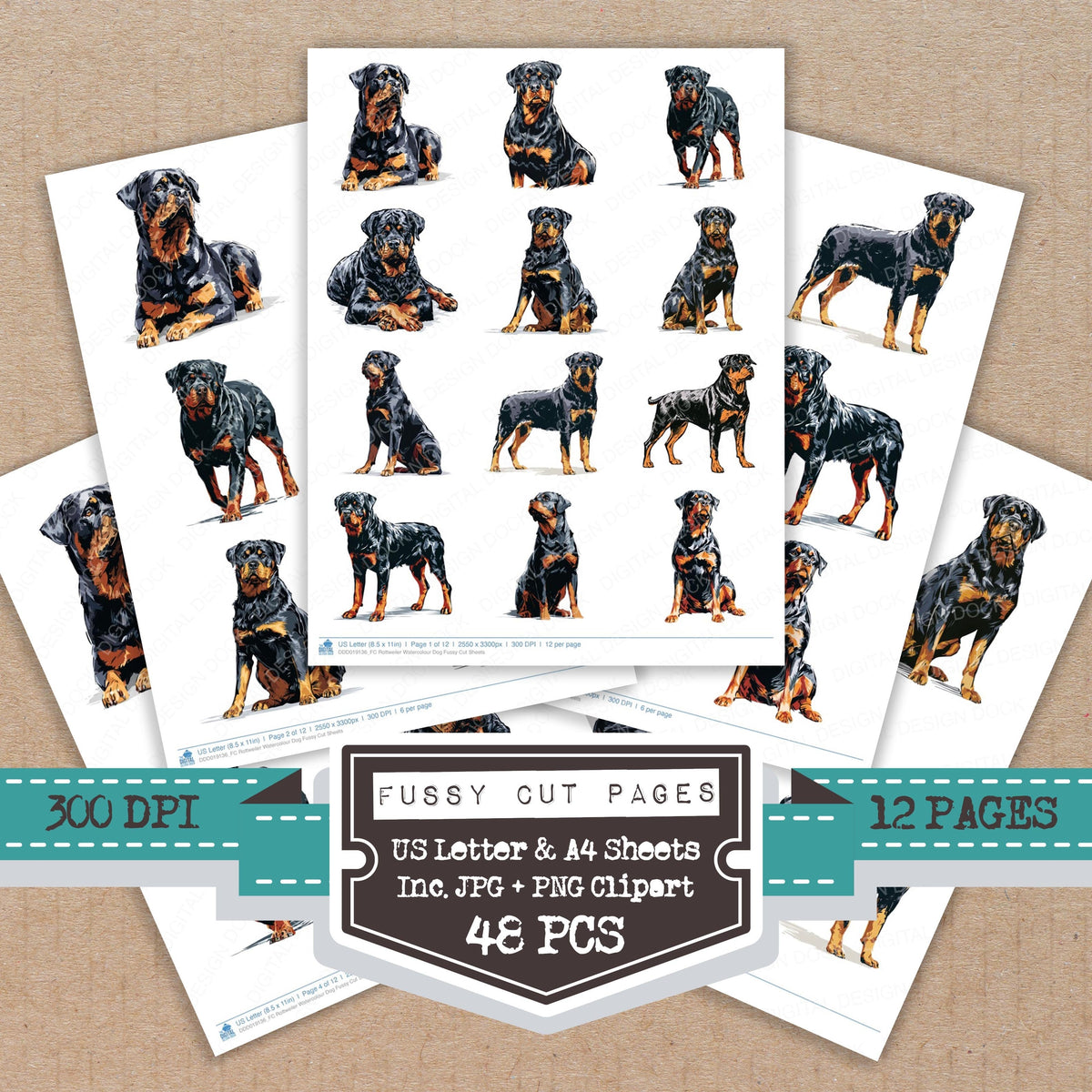 Rottweiler Watercolour Dog fussy cut printable sheets for junk journaling, scrapbooking, and paper craft projects