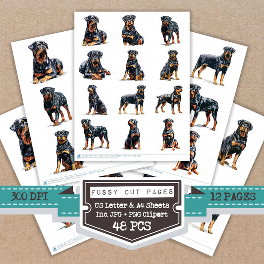 Rottweiler Watercolour Dog fussy cut printable sheets for junk journaling, scrapbooking, and paper craft projects