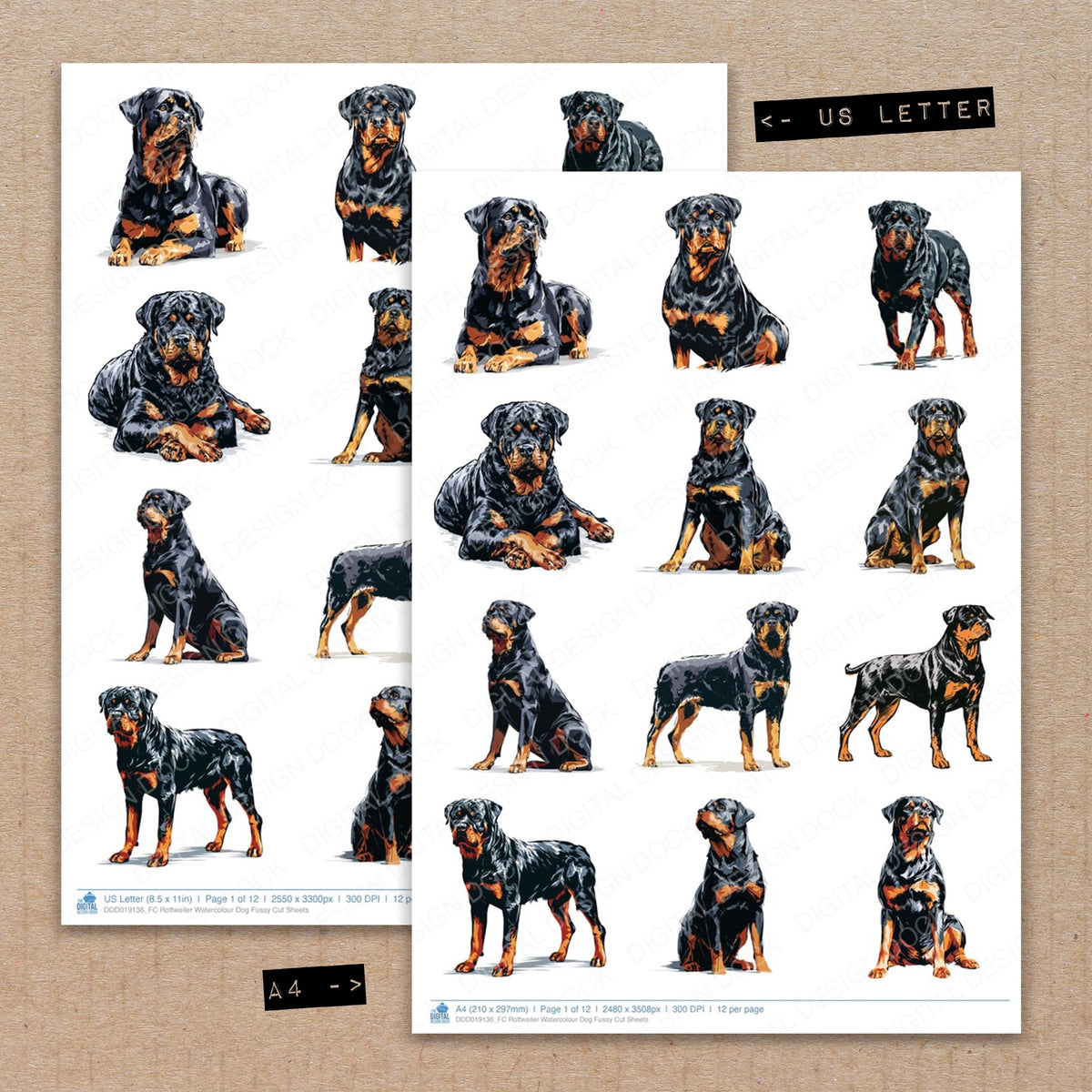 A4 and US Letter format comparison showing Rottweiler Watercolour Dog fussy cut pages for print and cut crafting
