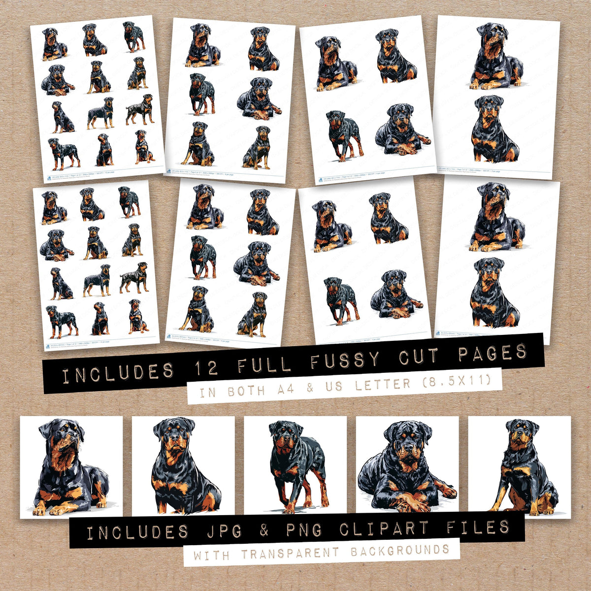 Full collection view of Rottweiler Watercolour Dog fussy cut sheets with bonus clipart JPG and PNG files