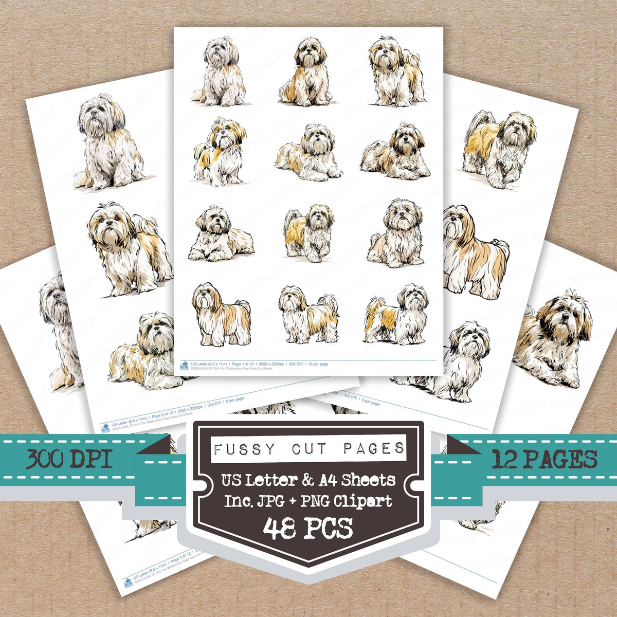 Shih Tzu Watercolour Dog fussy cut printable sheets for junk journaling, scrapbooking, and paper craft projects