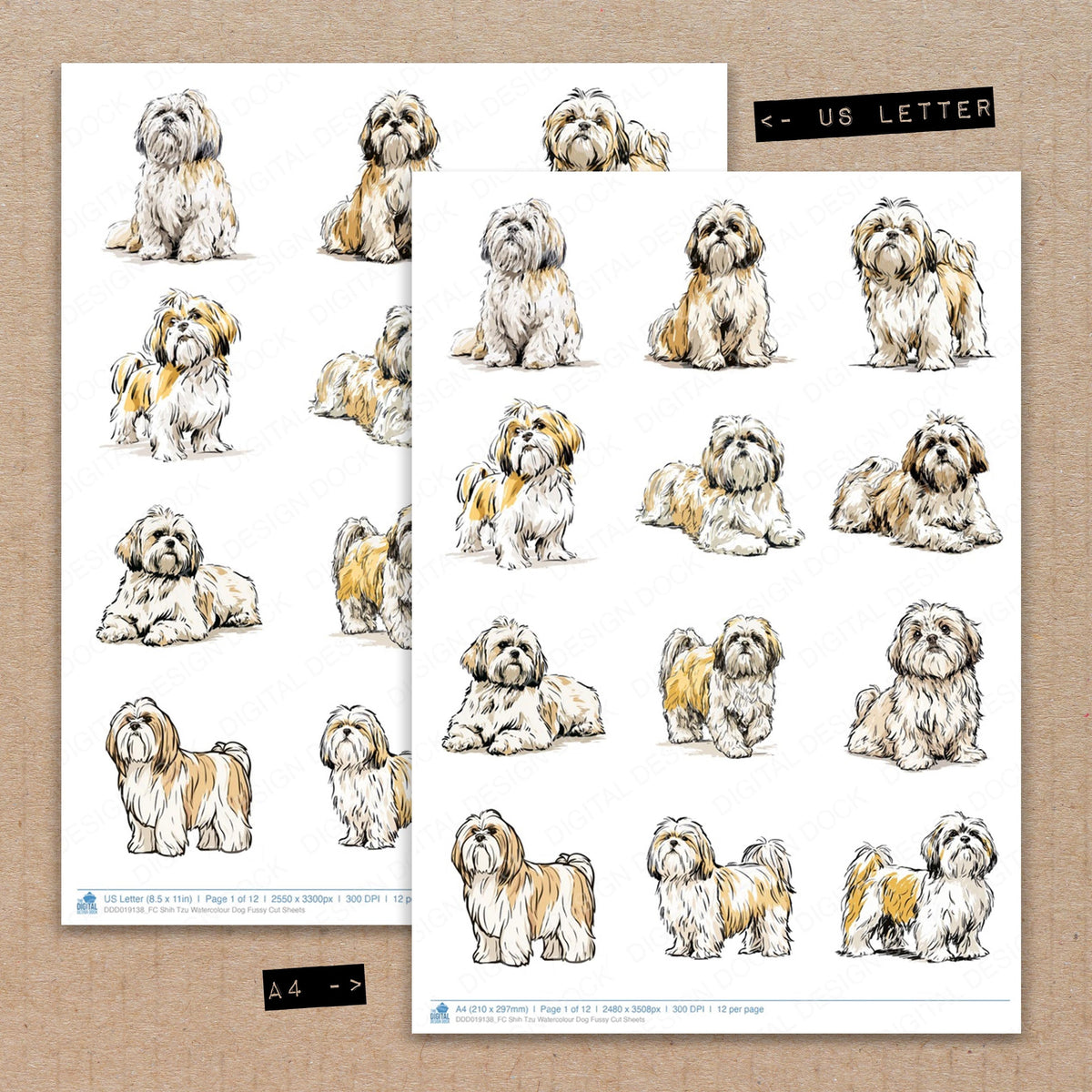 A4 and US Letter format comparison showing Shih Tzu Watercolour Dog fussy cut pages for print and cut crafting