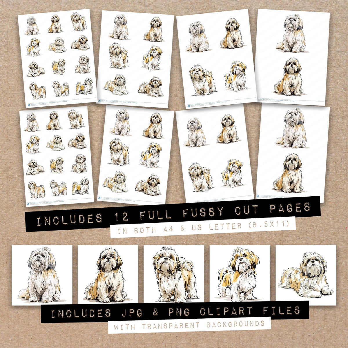 Full collection view of Shih Tzu Watercolour Dog fussy cut sheets with bonus clipart JPG and PNG files