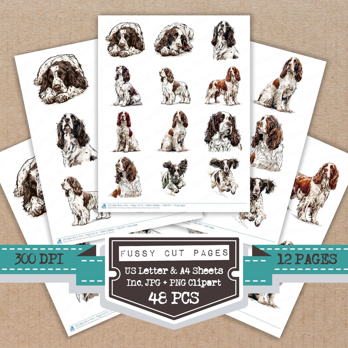 Springer Spaniel Watercolour Dog fussy cut printable sheets for junk journaling, scrapbooking, and paper craft projects