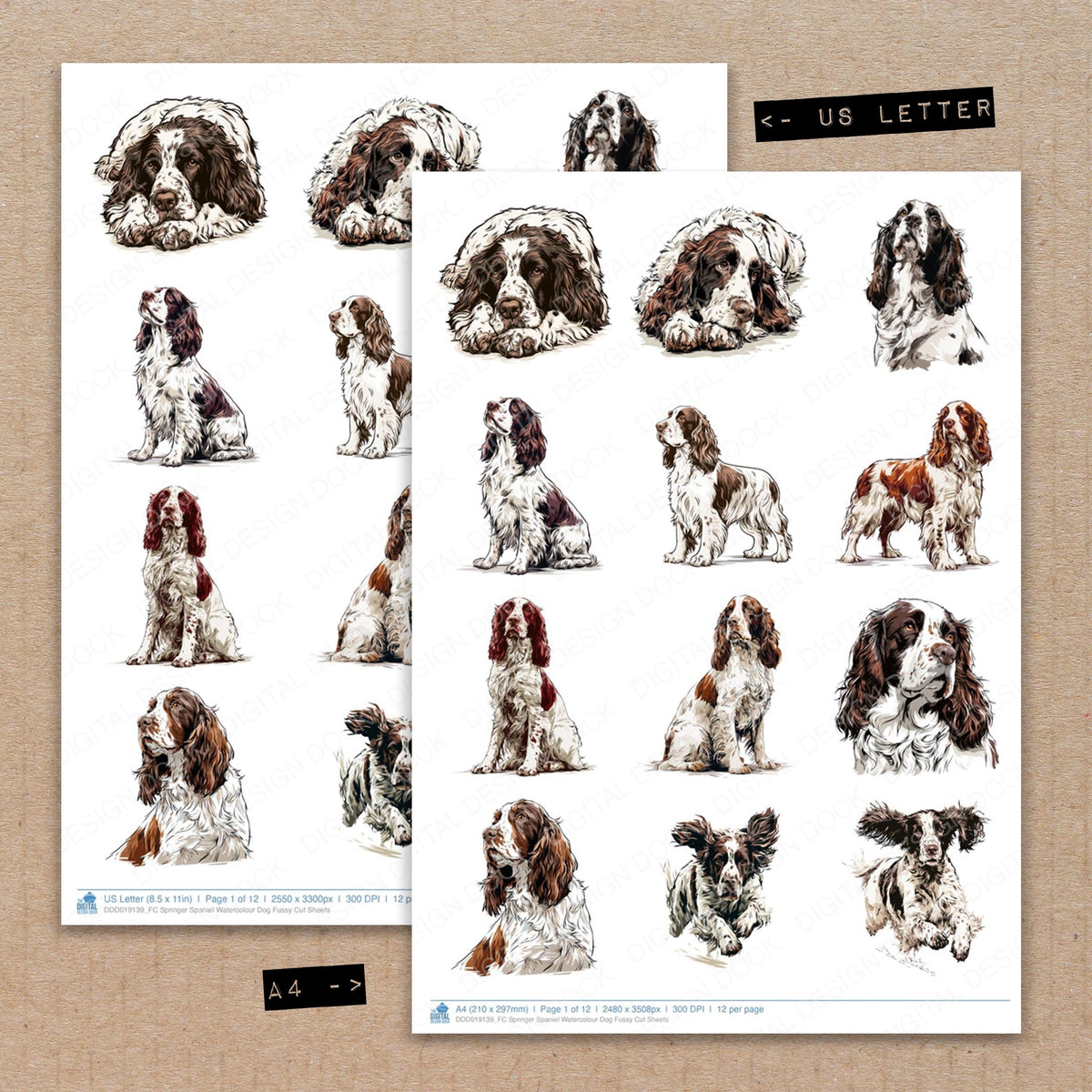 A4 and US Letter format comparison showing Springer Spaniel Watercolour Dog fussy cut pages for print and cut crafting