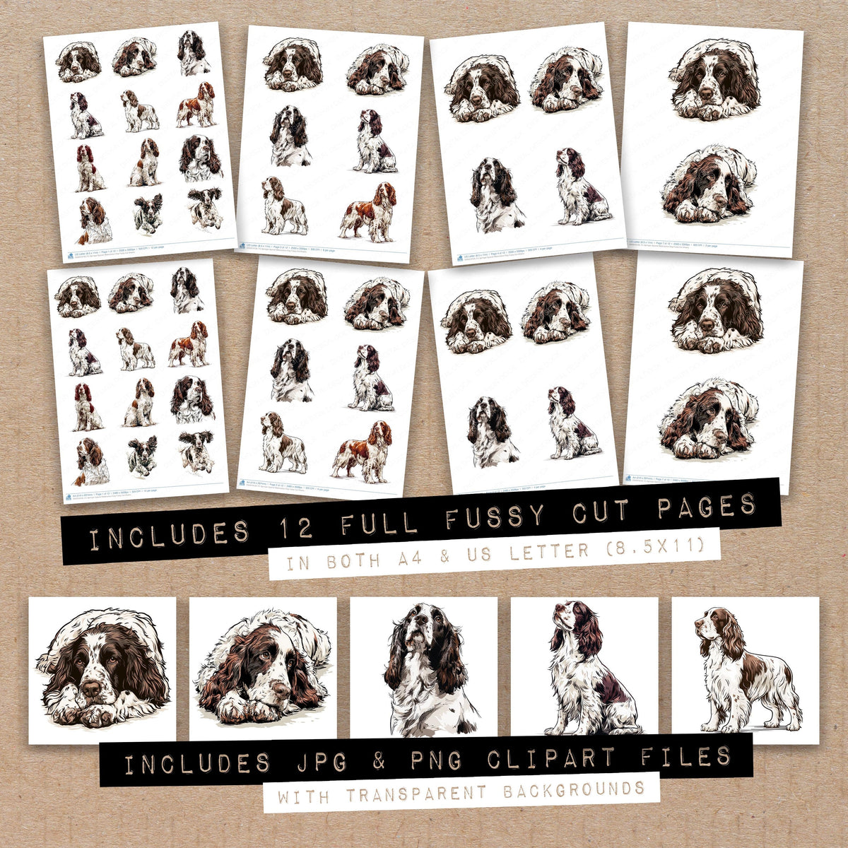 Full collection view of Springer Spaniel Watercolour Dog fussy cut sheets with bonus clipart JPG and PNG files