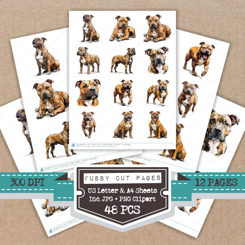 Staffordshire Bull Terrier Watercolour Dog fussy cut printable sheets for junk journaling, scrapbooking, and paper craft projects