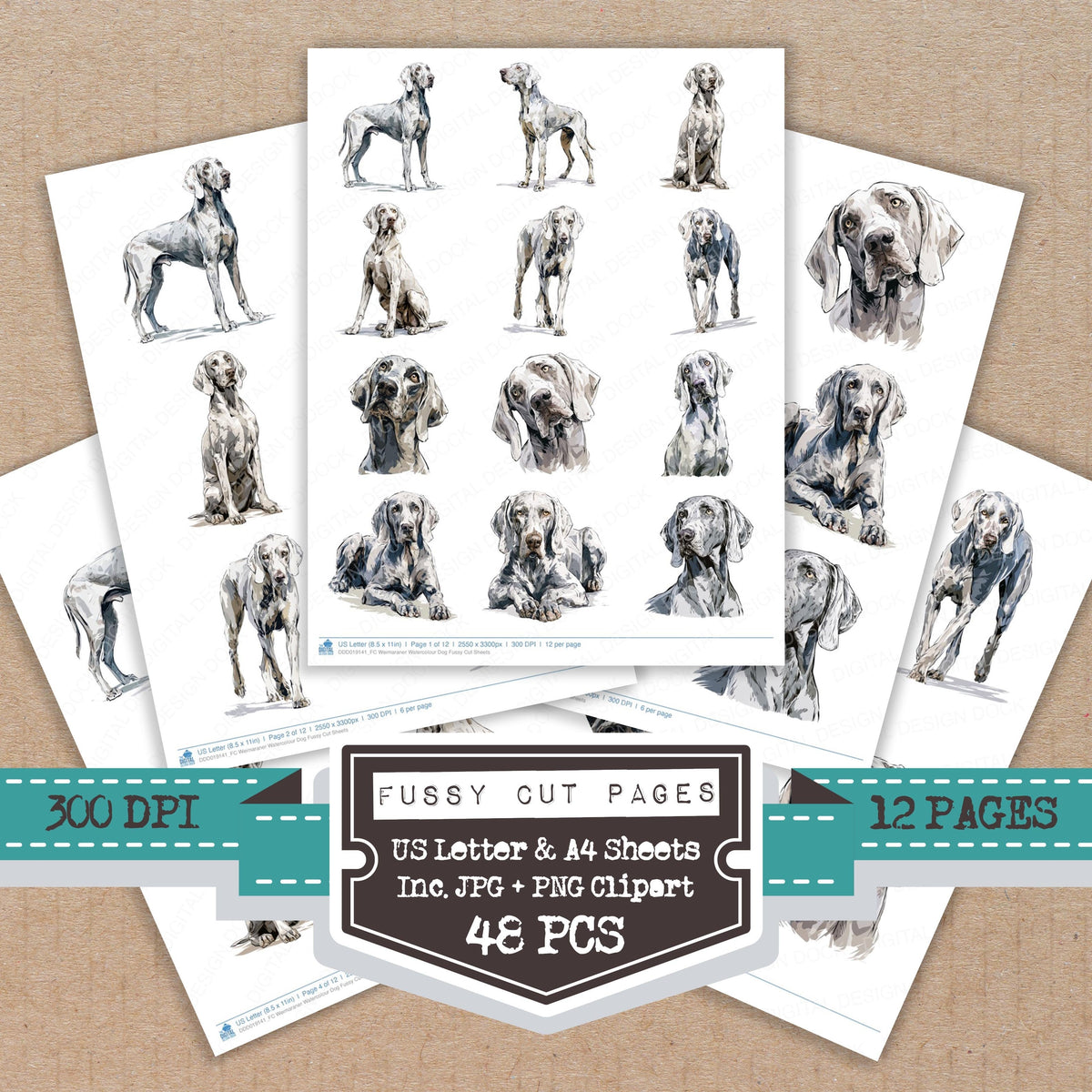 Weimaraner Watercolour Dog fussy cut printable sheets for junk journaling, scrapbooking, and paper craft projects