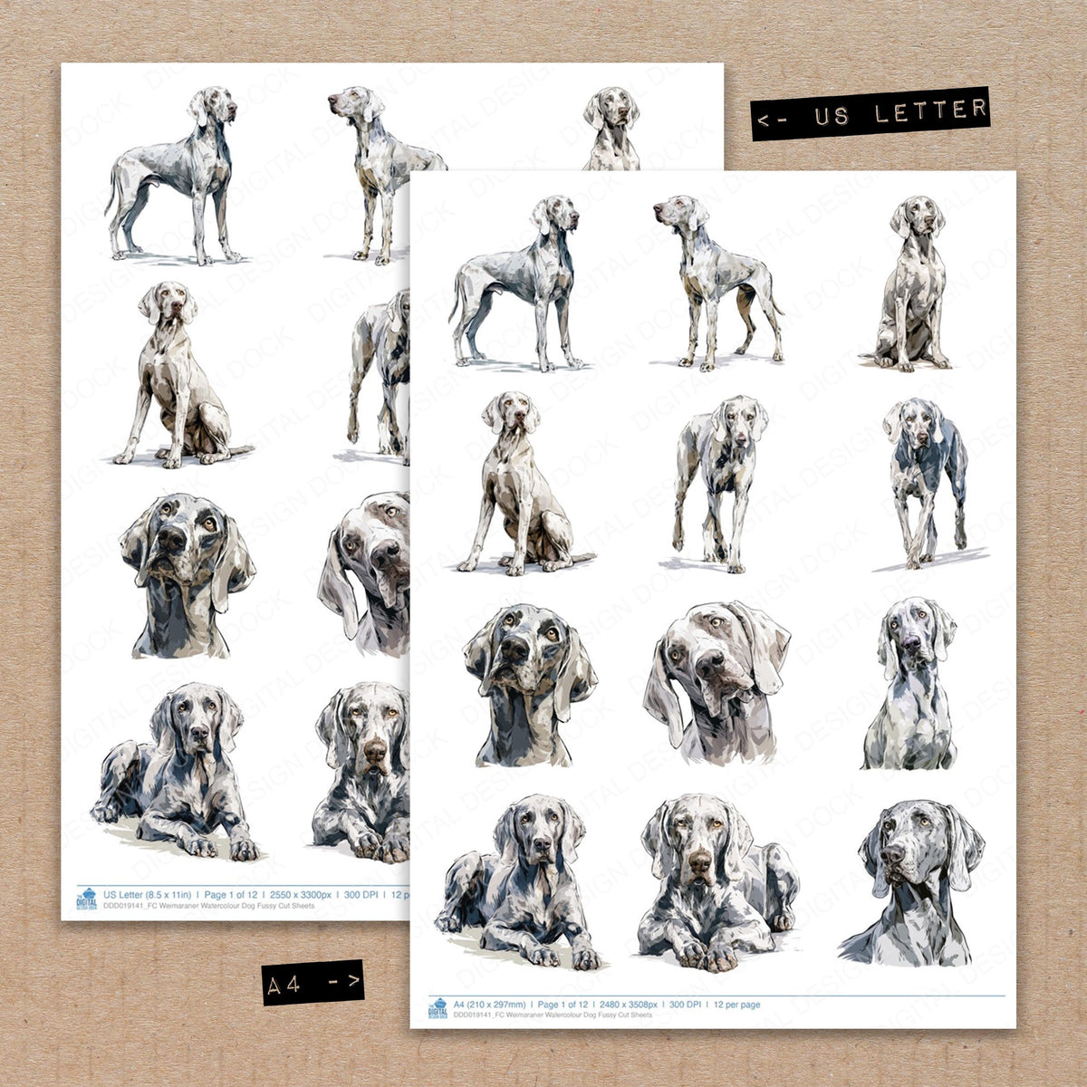 A4 and US Letter format comparison showing Weimaraner Watercolour Dog fussy cut pages for print and cut crafting