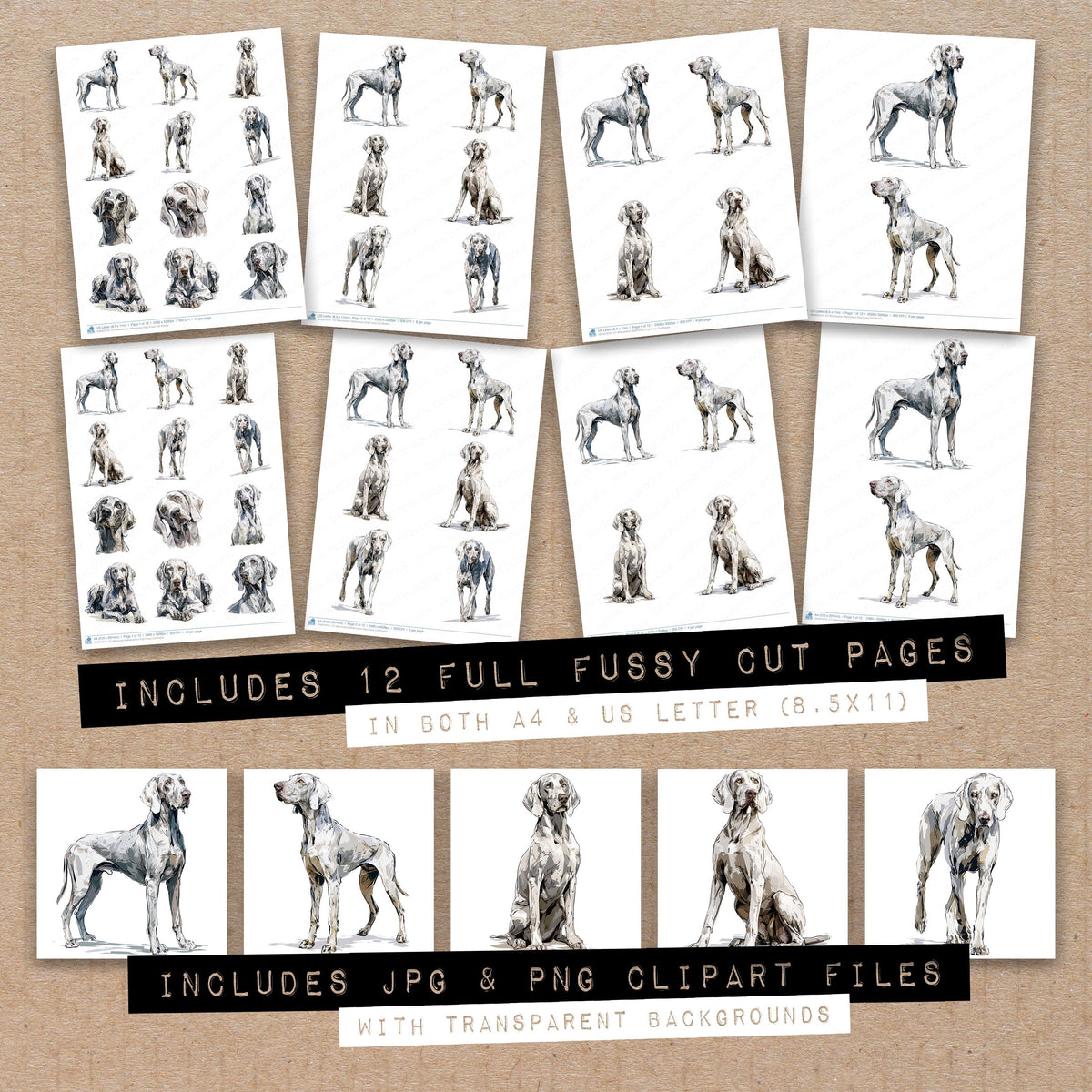 Full collection view of Weimaraner Watercolour Dog fussy cut sheets with bonus clipart JPG and PNG files