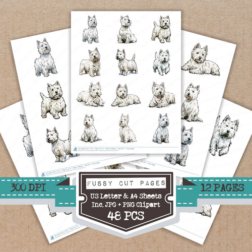 West Highland Terrier Watercolour Dog fussy cut printable sheets for junk journaling, scrapbooking, and paper craft projects