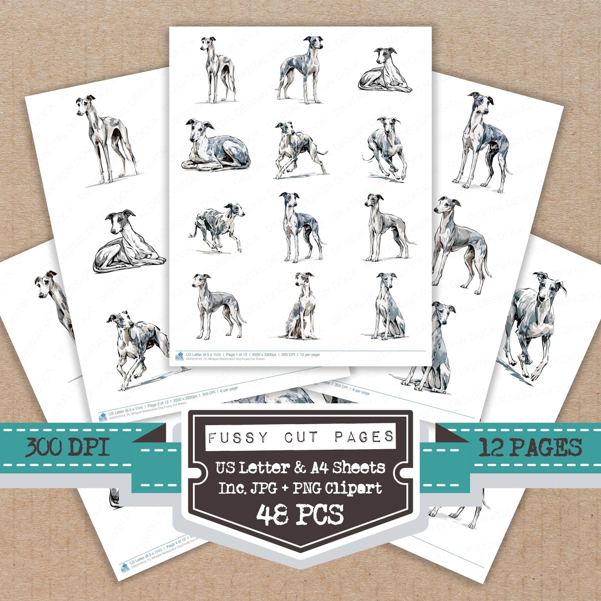 Whippet Watercolour Dog fussy cut printable sheets for junk journaling, scrapbooking, and paper craft projects