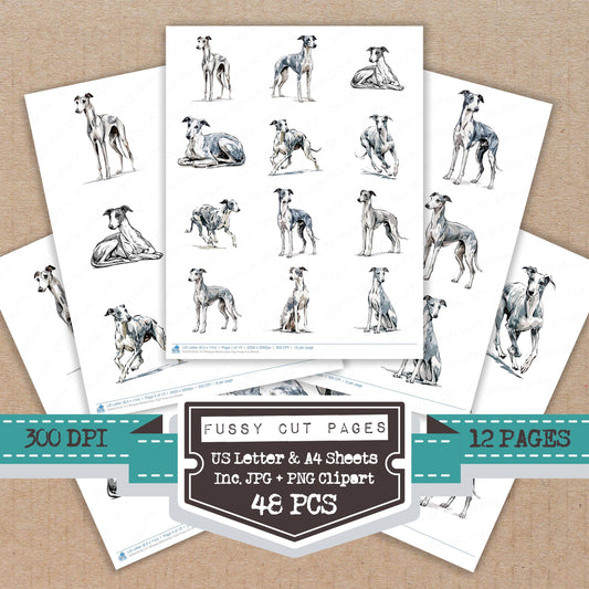 Whippet Watercolour Dog fussy cut printable sheets for junk journaling, scrapbooking, and paper craft projects