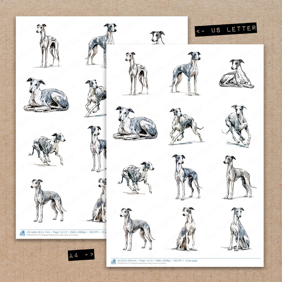 A4 and US Letter format comparison showing Whippet Watercolour Dog fussy cut pages for print and cut crafting