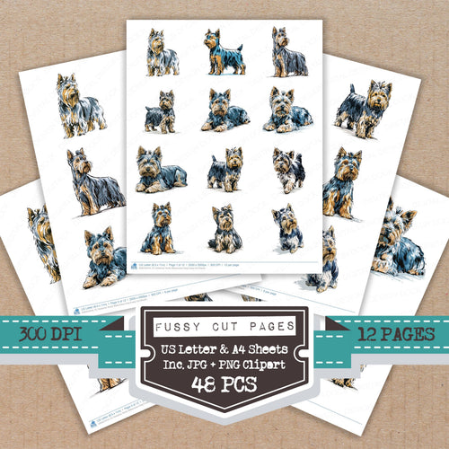 Yorkshire Terrier Watercolour Dog fussy cut printable sheets for junk journaling, scrapbooking, and paper craft projects