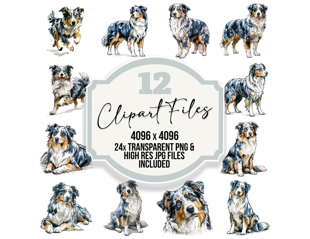 Australian Shepherd Watercolour Dog clipart set cover showing the designs and file details