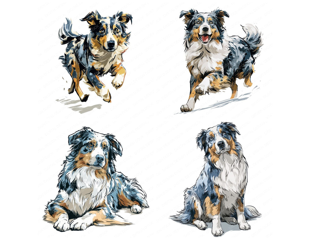 Four Australian Shepherd Watercolour Dog clipart designs from the set