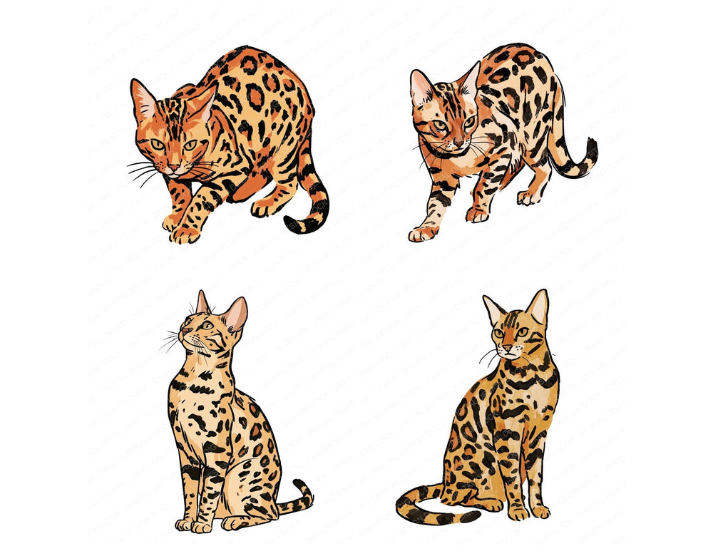 Four Bengal Watercolour Cat clipart designs from the set