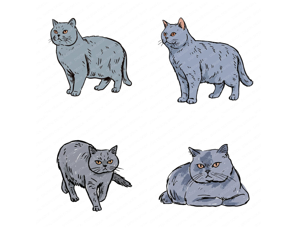 Four British Shorthair Watercolour Cat clipart designs from the set