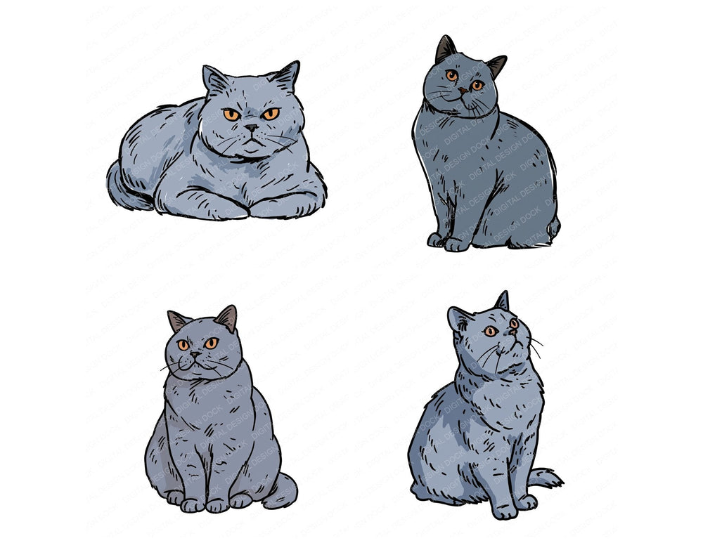 Four more British Shorthair Watercolour Cat clipart designs from the set