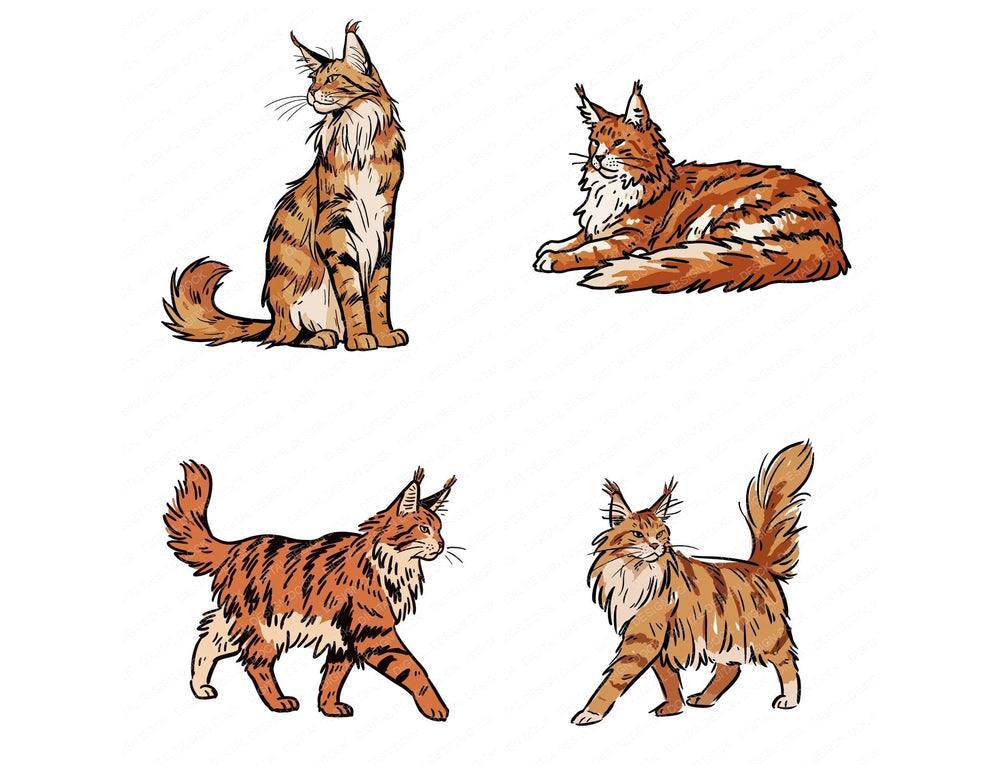Four more Maine Coon Watercolour Cat clipart designs from the set