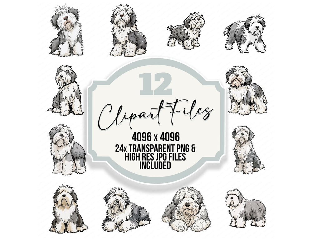 Old English Sheepdog Watercolour Dog clipart set cover showing the designs and file details