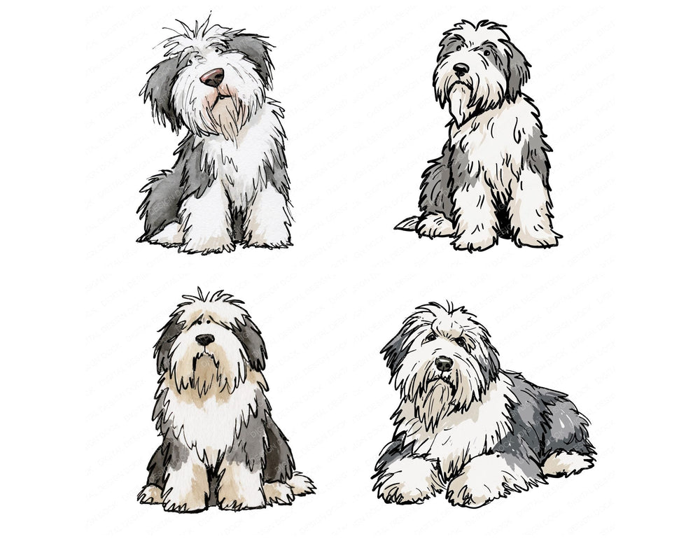 Four Old English Sheepdog Watercolour Dog clipart designs from the set