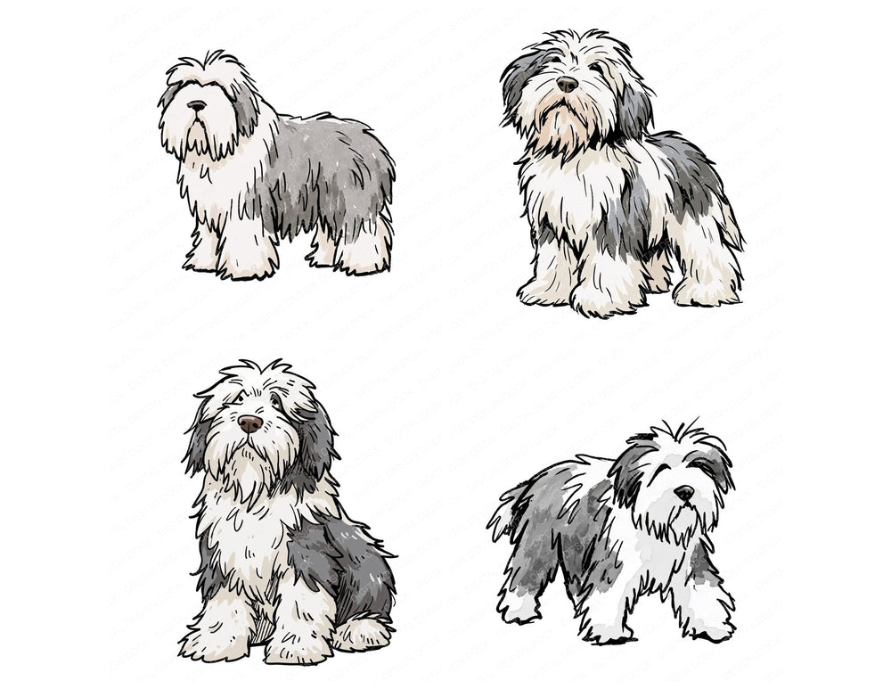 Four more Old English Sheepdog Watercolour Dog clipart designs from the set