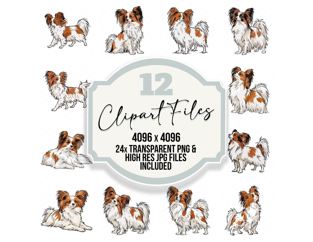 Papillon Watercolour Dog clipart set cover showing the designs and file details