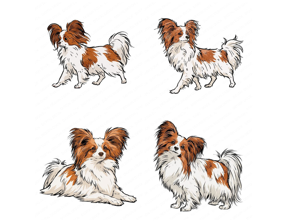 Four Papillon Watercolour Dog clipart designs from the set