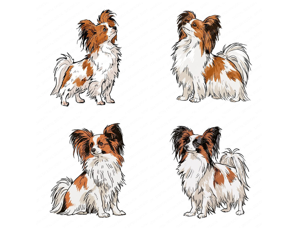 Four more Papillon Watercolour Dog clipart designs from the set