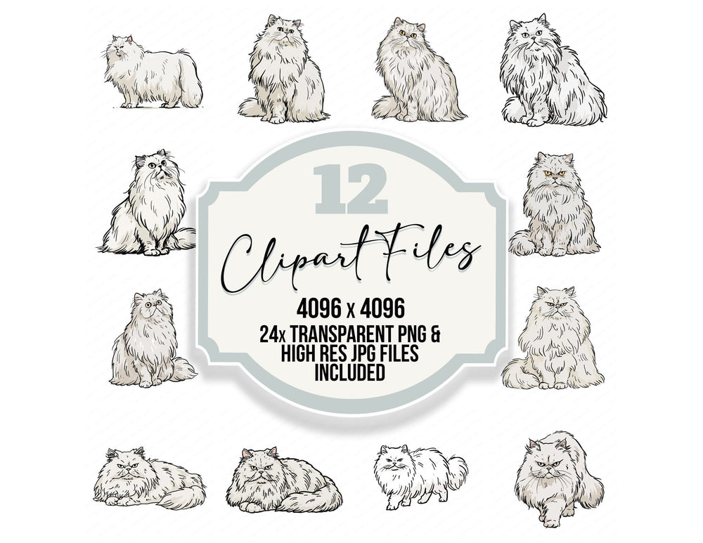 Persian Watercolour Cat clipart set cover showing the designs and file details